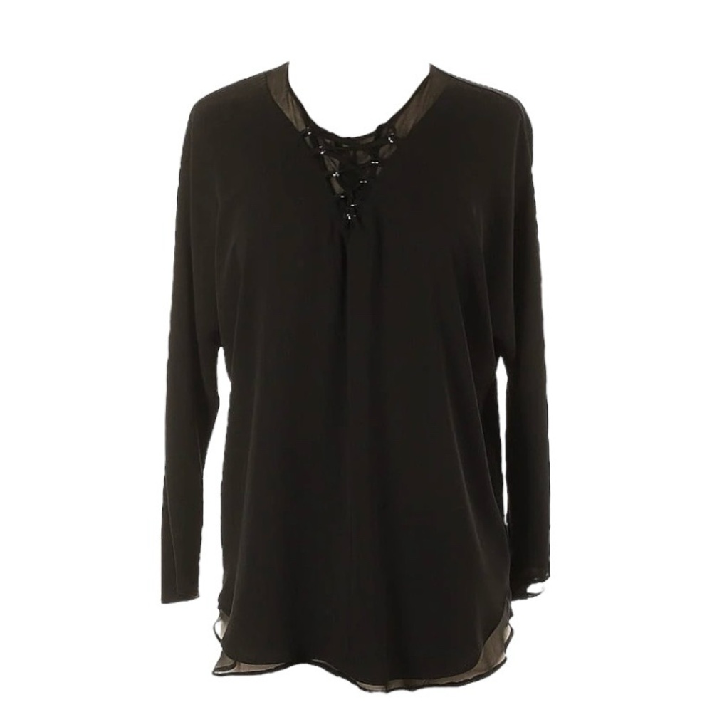 New Lola & Sophie Lace Up Silk blend Coverup Blouse Black XS Extra Small
